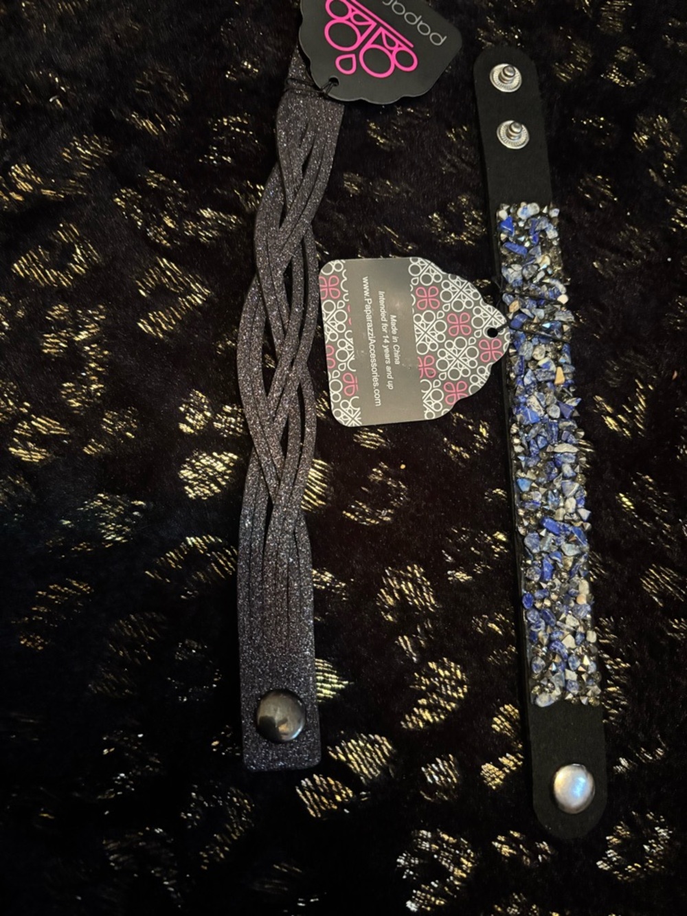Lot of 2 NWT Blue Lapis Lazuli Crystal and Black Leather Bracelet Set